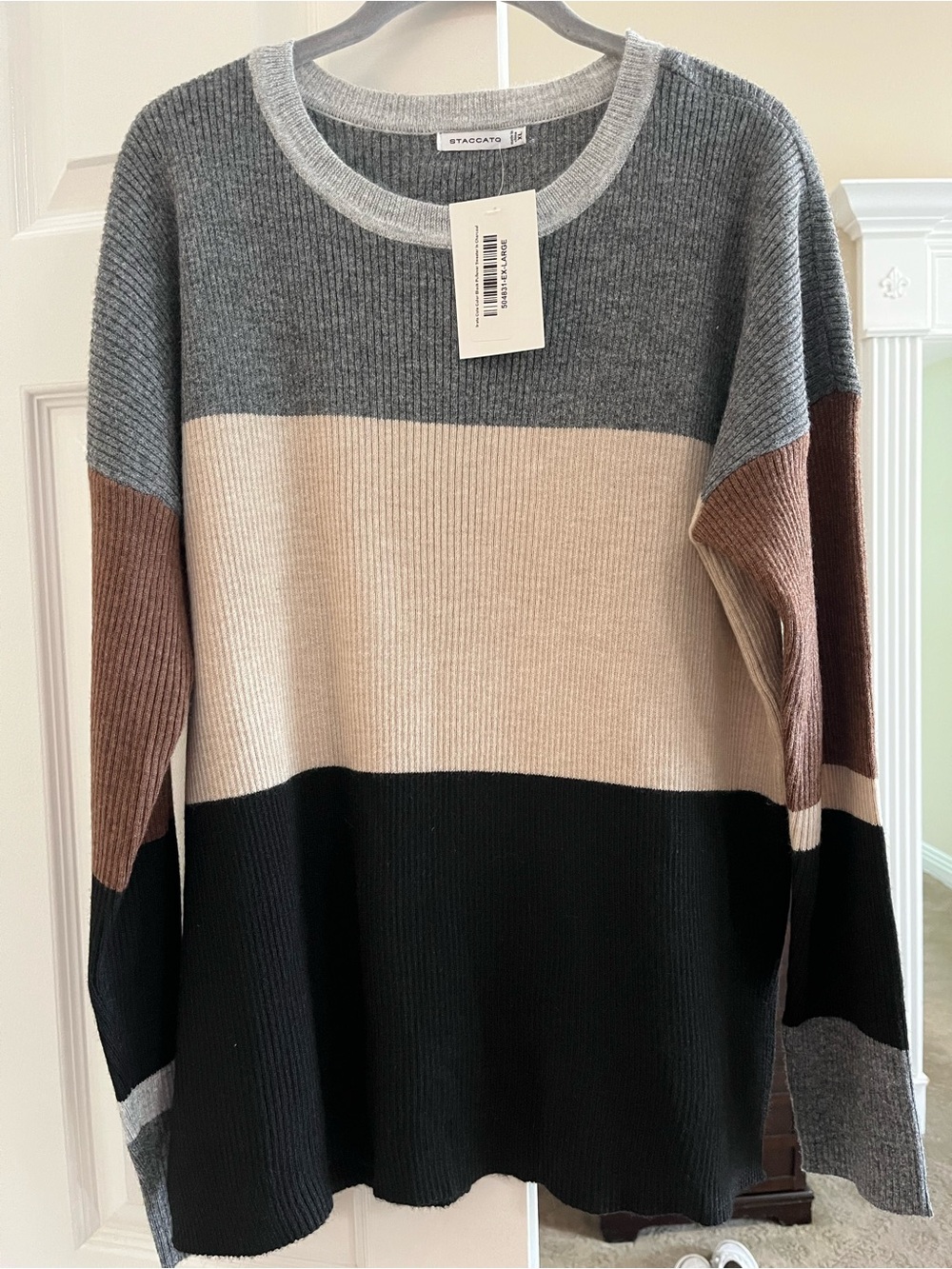 STACCATO Colorblock Crewneck Sweater in Gray, Cream, Black & Brown